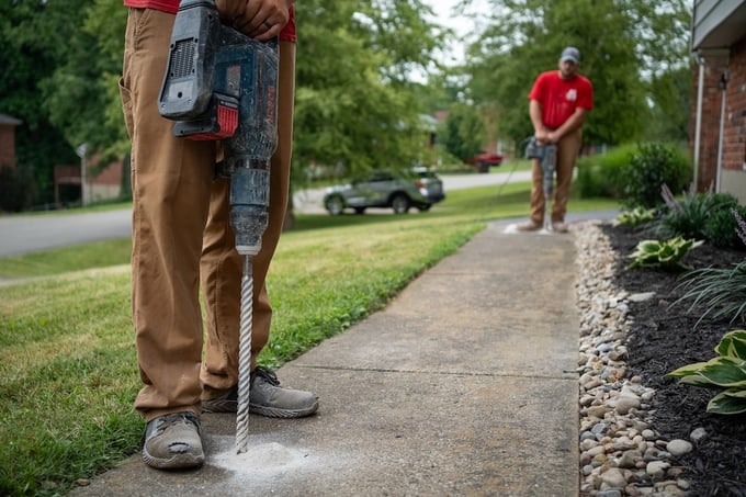 Two men drilling holes in concrete sidewalk in preparation for concrete leveling