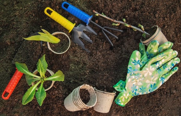 Landscaping and gardening tools sitting in soil