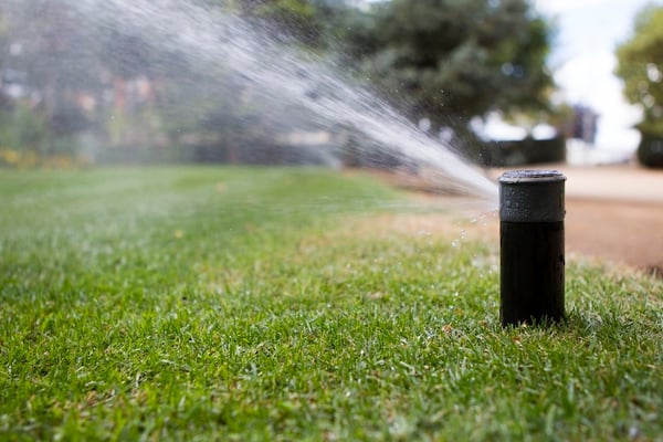 Sprinkler spraying water over green lawn