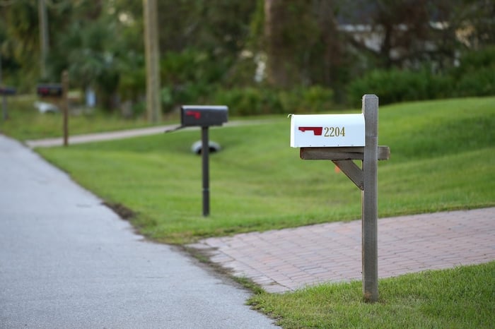 White mailbox in front yard of home